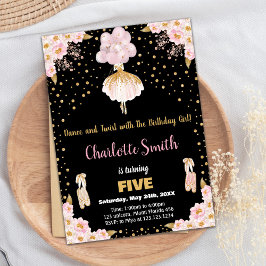 Roze Zwart Glitter Ballerina Verjaardag Uitnodigin Kaart