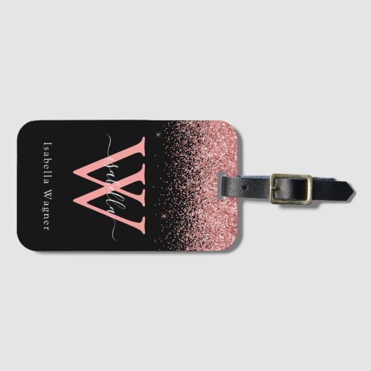 Roze Zwart Glitter Elegant Script Bagagelabel (Voorkant (horizontaal))