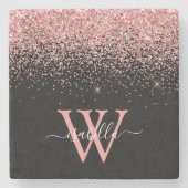 Roze Zwart Glitter Elegant Script Naam Monogram Stenen Onderzetter (Voorkant)