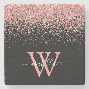 Roze Zwart Glitter Elegant Script Naam Monogram Stenen Onderzetter