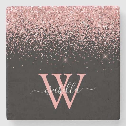 Roze Zwart Glitter Elegant Script Naam Monogram Stenen Onderzetter (Voorkant)