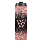 Roze Zwart Glitter Elegant Script Naam Monogram Thermosbeker (Voorkant)