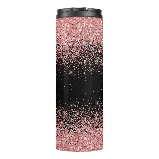 Roze Zwart Glitter Elegant Script Naam Monogram Thermosbeker (Achterkant)