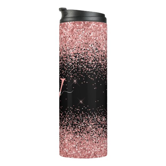 Roze Zwart Glitter Elegant Script Naam Monogram Thermosbeker (Geroteerd rechts)