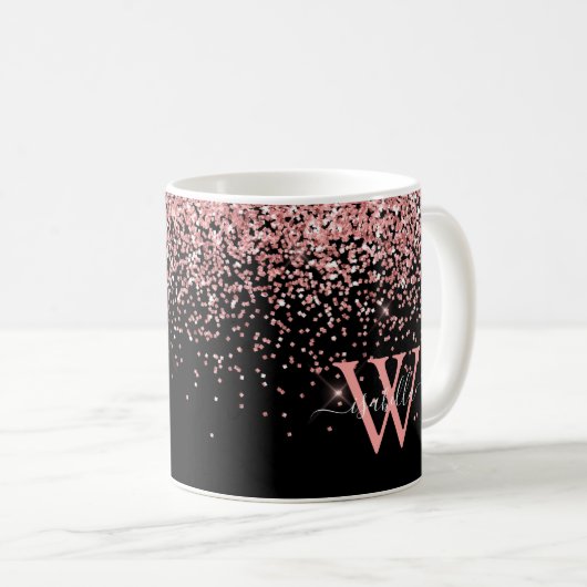 Roze zwart glitter monogram koffiemok (Voorkant rechts)