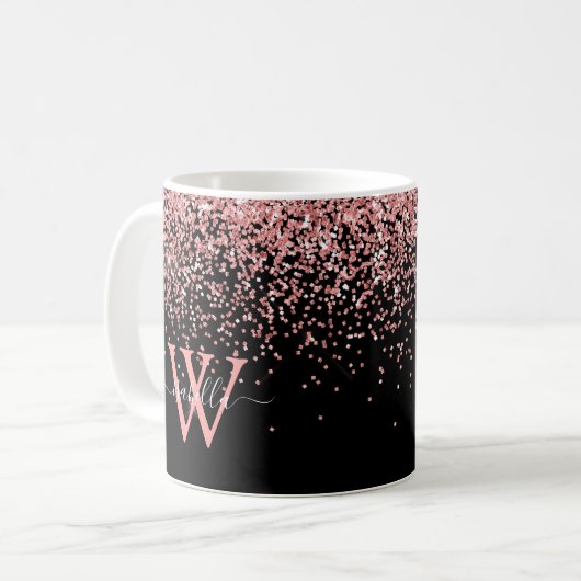 Roze zwart glitter monogram koffiemok (Voorkant links)
