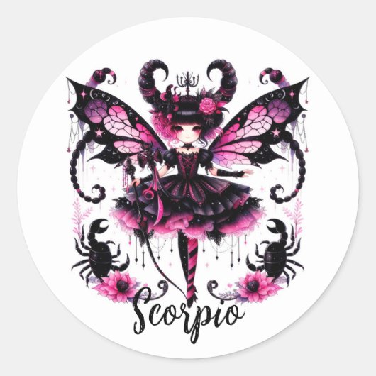 Roze Zwart Gothic Fairy Schorpioen Astrologie Zodi Ronde Sticker (Voorkant)