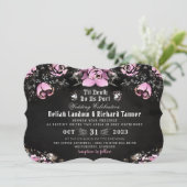 Roze & Zwart Gotische Rozen & Skeletten Huwelijk Kaart (Staand voorkant)