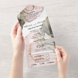 Roze Zwart Goud Aquarel Chic Modern Trouwen All In One Uitnodiging