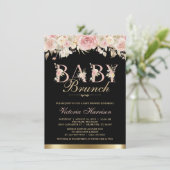 Roze Zwart Goud Bloemen Meisje Baby shower Brunch Kaart (Staand voorkant)