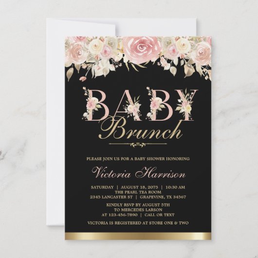 Roze Zwart Goud Bloemen Meisje Baby shower Brunch Kaart (Voorkant)