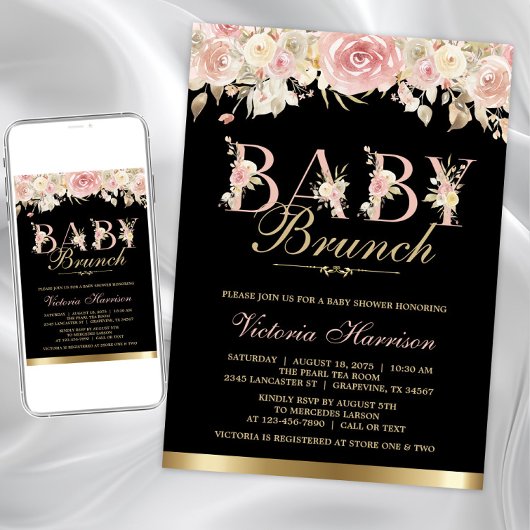 Roze Zwart Goud Bloemen Meisje Baby shower Brunch Kaart