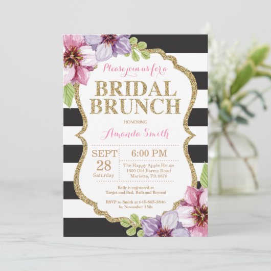Roze Zwart Goud Bruids Brunch Uitnodiging Bloemen (Staand voorkant)