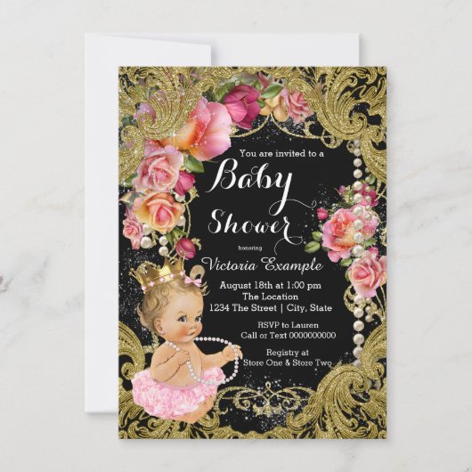 Roze Zwart Goud Chintz Roos Pearl Baby shower Kaart (Voorkant)