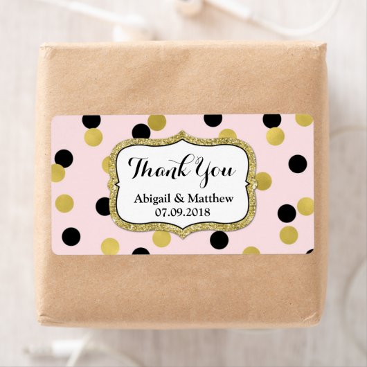 Roze Zwart Goud Confetti Bruiloft Labels (Insitu)