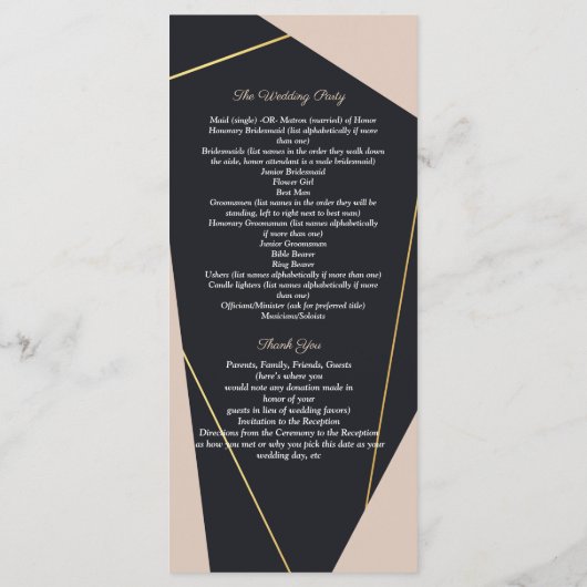 Roze zwart & goud geometrisch programmakaart (Achterkant)