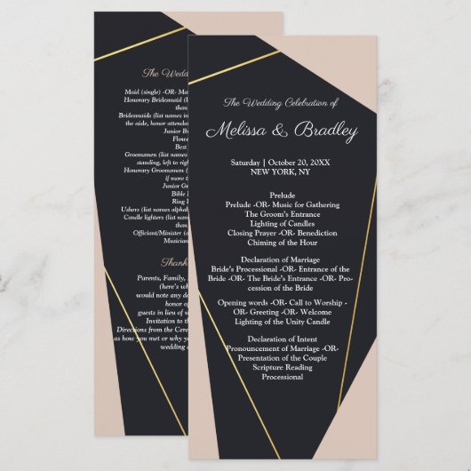 Roze zwart & goud geometrisch programmakaart (Voorkant / Achterkant)