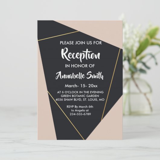 Roze zwart & goud geometrische receptie kaart (Staand voorkant)