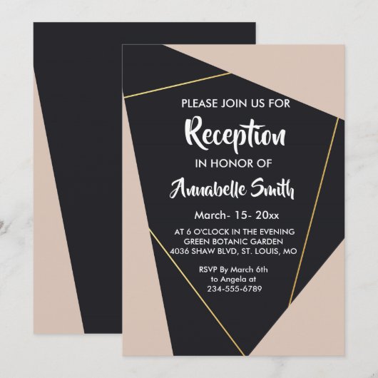 Roze zwart & goud geometrische receptie kaart (Voorkant / Achterkant)