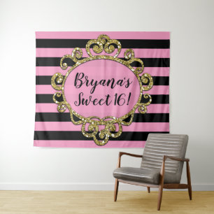 Roze Zwart & Goud Gestreepte Verjaardagsfeest Acht Wandkleed