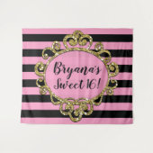 Roze Zwart & Goud Gestreepte Verjaardagsfeestje Ac Wandkleed (Voorkant (horizontaal))