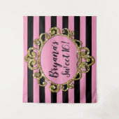 Roze Zwart & Goud Gestreepte Verjaardagsfeestje Ac Wandkleed (Voorkant)