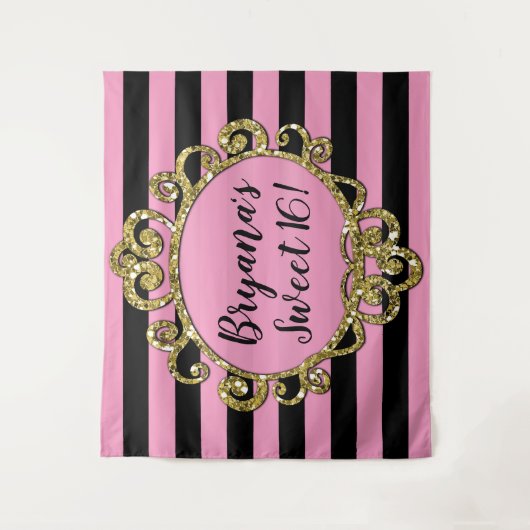 Roze Zwart & Goud Gestreepte Verjaardagsfeestje Ac Wandkleed (Voorkant)