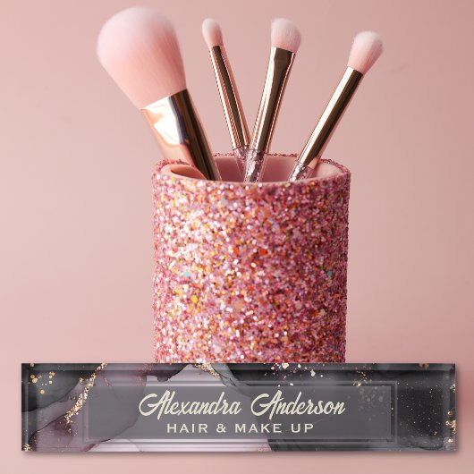 Roze Zwart Goud Glitter Agaat Marmer Abstract Naambordje