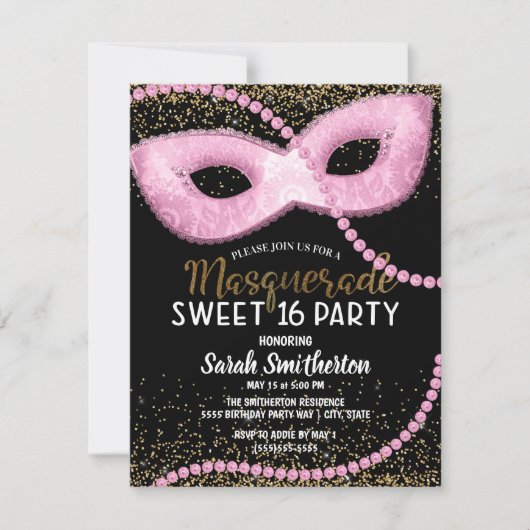 Roze zwart goud Glitter Masquerade Sweet 16 Kaart (Voorkant)