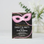 Roze zwart goud Glitter Masquerade Sweet 16 Kaart (Staand voorkant)