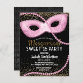 Roze zwart goud Glitter Masquerade Sweet 16 Kaart (Voorkant / Achterkant)