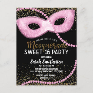 Roze Zwart Goud Glitter Masquerade Sweet 16 Kaart