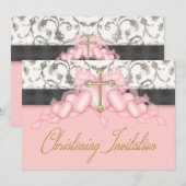 Roze Zwart Goud Kruis Meisjes Roze Doop Kaart (Voorkant / Achterkant)