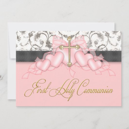 Roze Zwart Goud Kruis Meisjes Roze Eerste Communie Kaart (Voorkant)