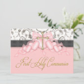 Roze Zwart Goud Kruis Meisjes Roze Eerste Communie Kaart (Staand voorkant)