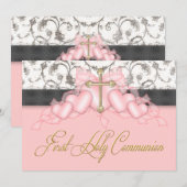 Roze Zwart Goud Kruis Meisjes Roze Eerste Communie Kaart (Voorkant / Achterkant)