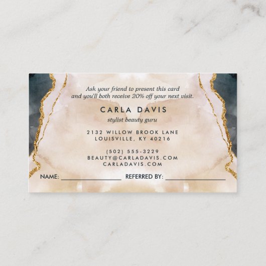 Roze Zwart Goud Marmer Waterverf Modern Aanbevelingskaartje (Achterkant)