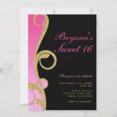Roze Zwart & Goud Modern Krullen Sweet 16 Feest Kaart (Voorkant)