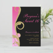 Roze Zwart & Goud Modern Krullen Sweet 16 Feest Kaart (Staand voorkant)