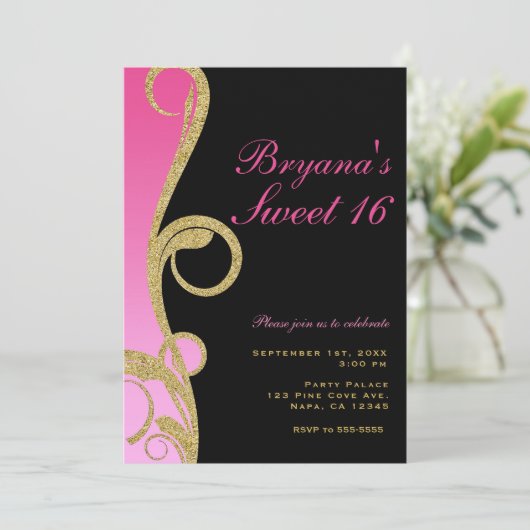 Roze Zwart & Goud Modern Krullen Sweet 16 Feest Kaart (Staand voorkant)