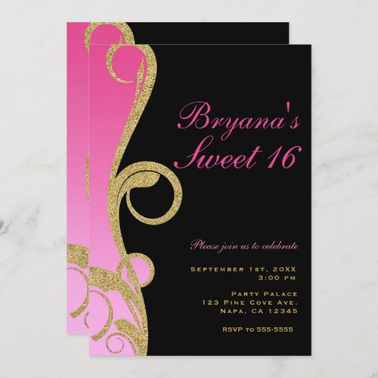 Roze Zwart & Goud Modern Krullen Sweet 16 Feest Kaart (Voorkant / Achterkant)
