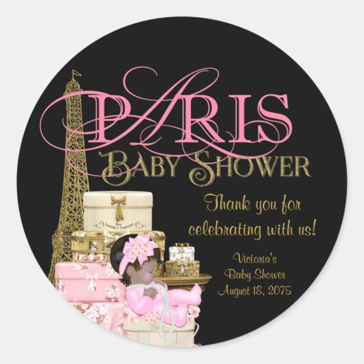Roze Zwart Goud Paris Baby shower Dank u Ronde Sticker (Voorkant)