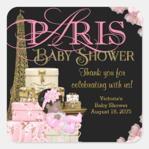 Roze Zwart Goud Paris Baby shower Dank u Vierkante Sticker