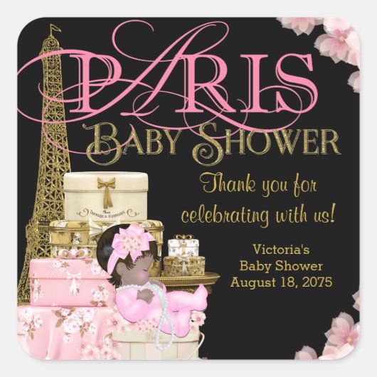 Roze Zwart Goud Paris Baby shower Dank u Vierkante Sticker (Voorkant)