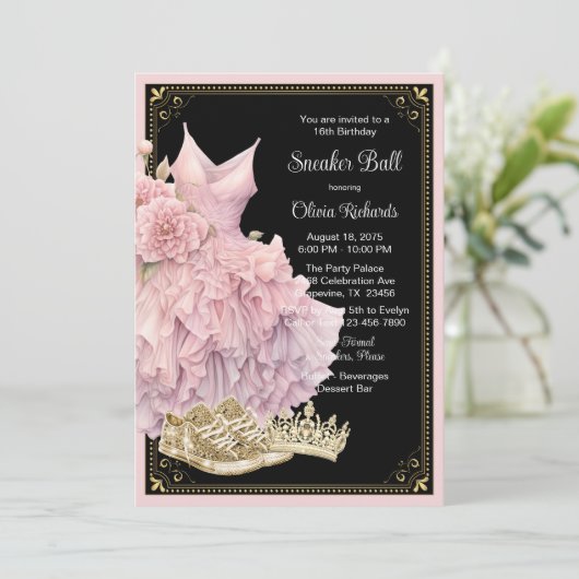 Roze Zwart Goud Sneaker Bal Verjaardagsfeestje Kaart (Staand voorkant)