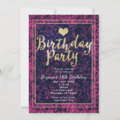 Roze & Zwart Goud VERJAARDAGSFEEST Moderne Uitnodi Kaart (Voorkant)