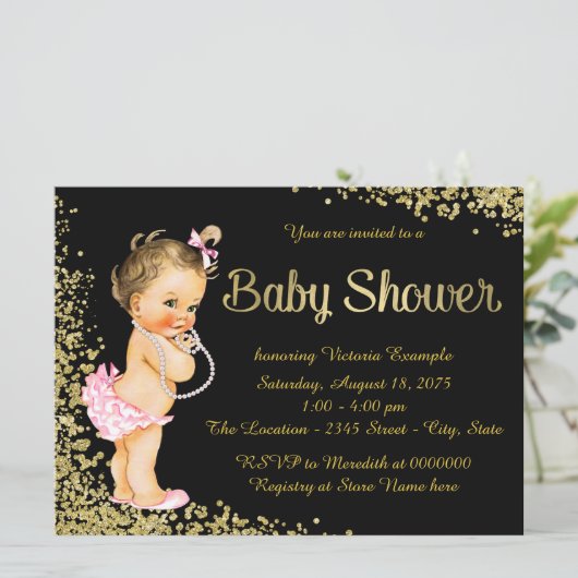 Roze Zwart Gouden Folie Glitter Meisje Baby shower Kaart (Staand voorkant)