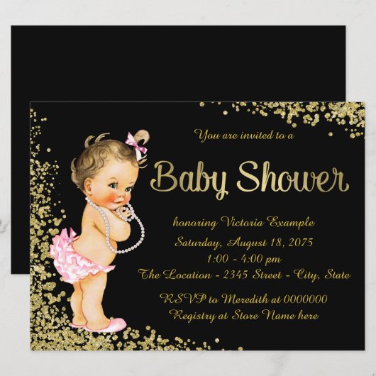 Roze Zwart Gouden Folie Glitter Meisje Baby shower Kaart (Voorkant / Achterkant)