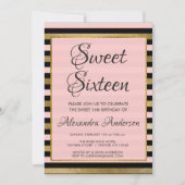 Roze Zwart Gouden Folie Streep Sweet 16 Verjaardag Kaart (Voorkant)