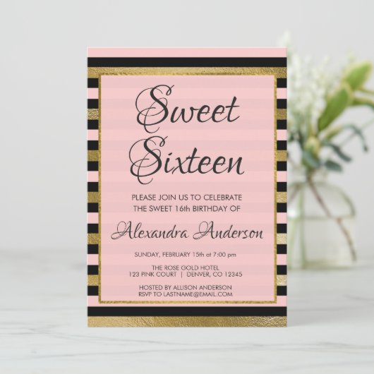 Roze Zwart Gouden Folie Streep Sweet 16 Verjaardag Kaart (Staand voorkant)
